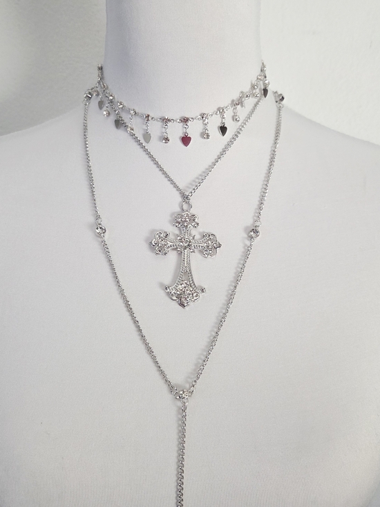 Silver Layered Cross Pendant Necklace - Picture 3 of 9